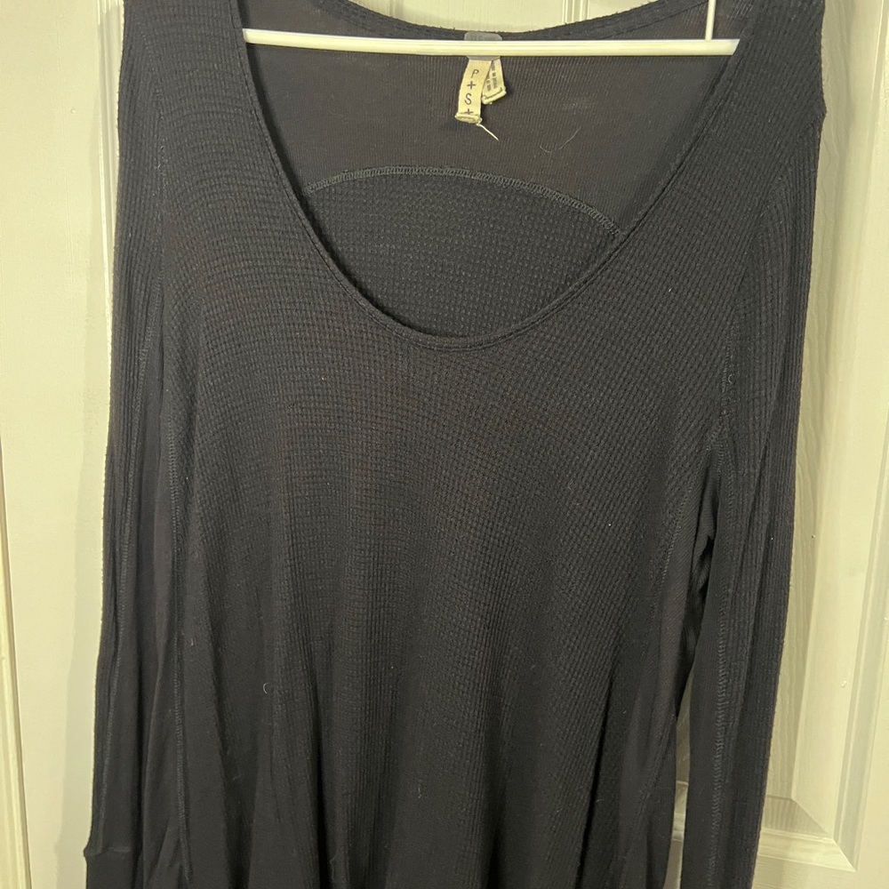 Free People Women's Black Long Sleeve waffle Top